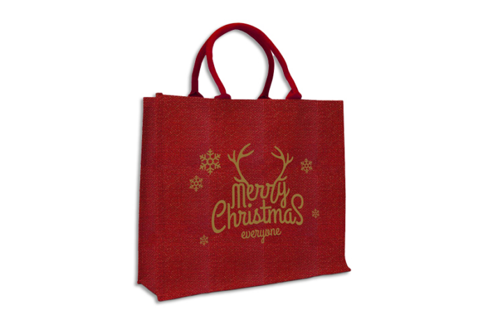 rote Jute-Tasche mit Glitterfäden in gold, Aufdruck Merry Christmas in gold, kurze Baumwollhenkel bei tausendtypentragetaschen