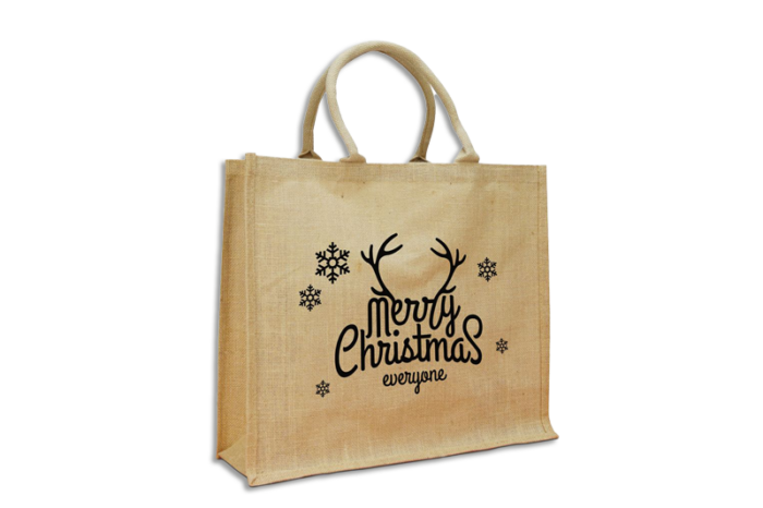 naturfarbige Jute-Tasche mit schwarzem Aufdruck Merry Christmas, kurze Baumwollhenkel bei tausendtypentragetaschen