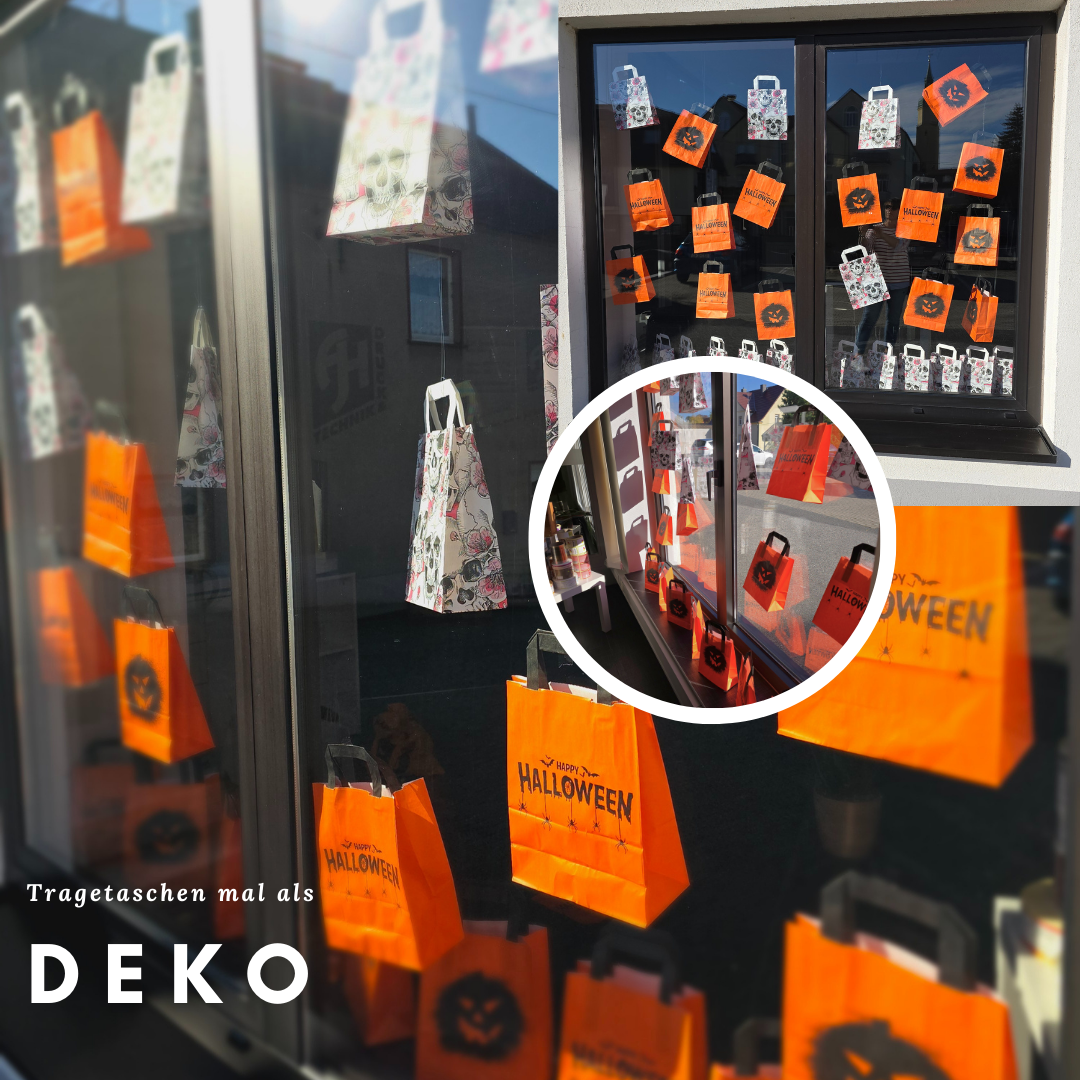 Schaufensterbild von tausendtypentragetaschen mit Helloween und Gruseltaschen in orange und schwarz-weiß