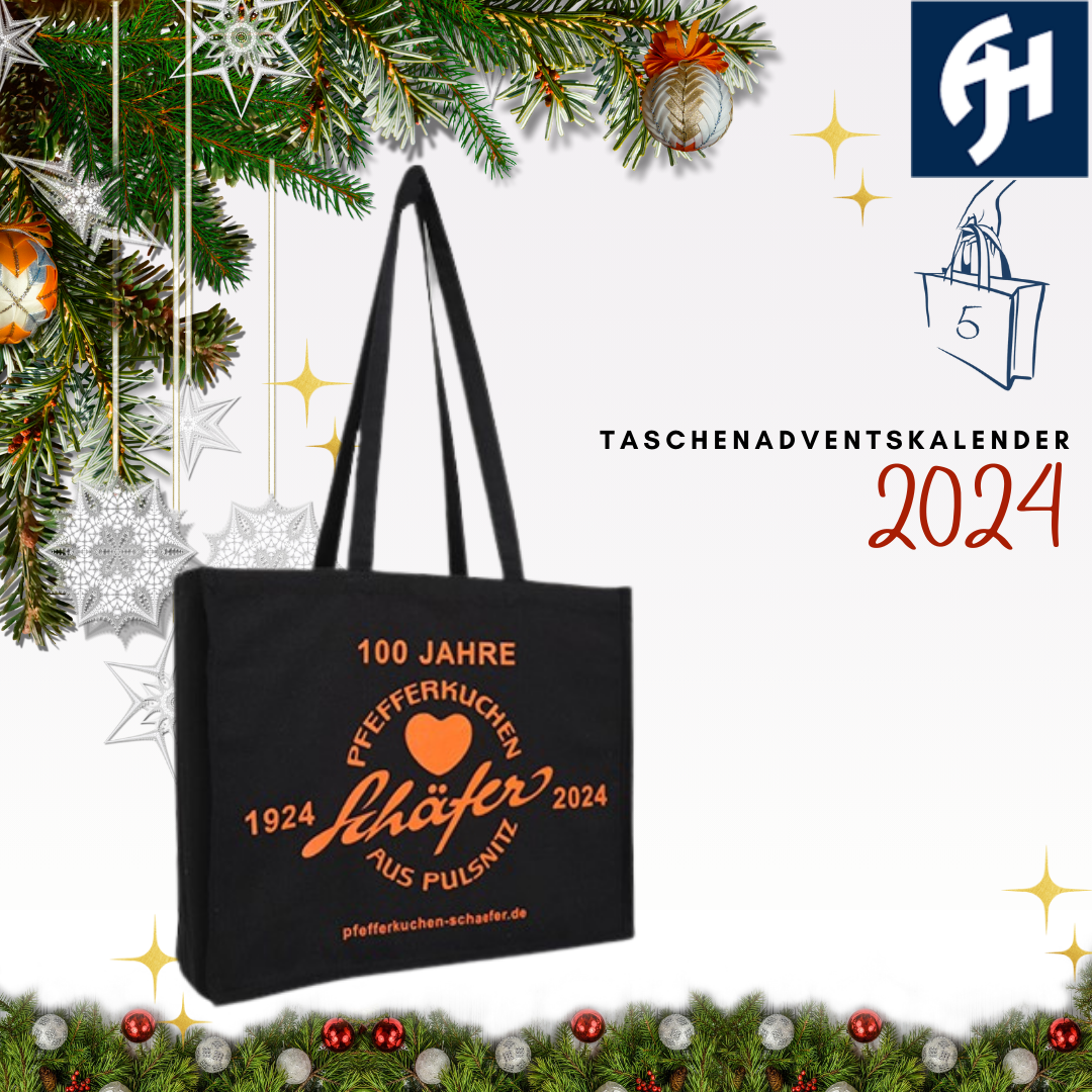 5. Türchen im Taschenadventskalender mit schwarzer Canvastasche und orangem Aufdruck Pfefferkuchen Schäfer 100 Jahr