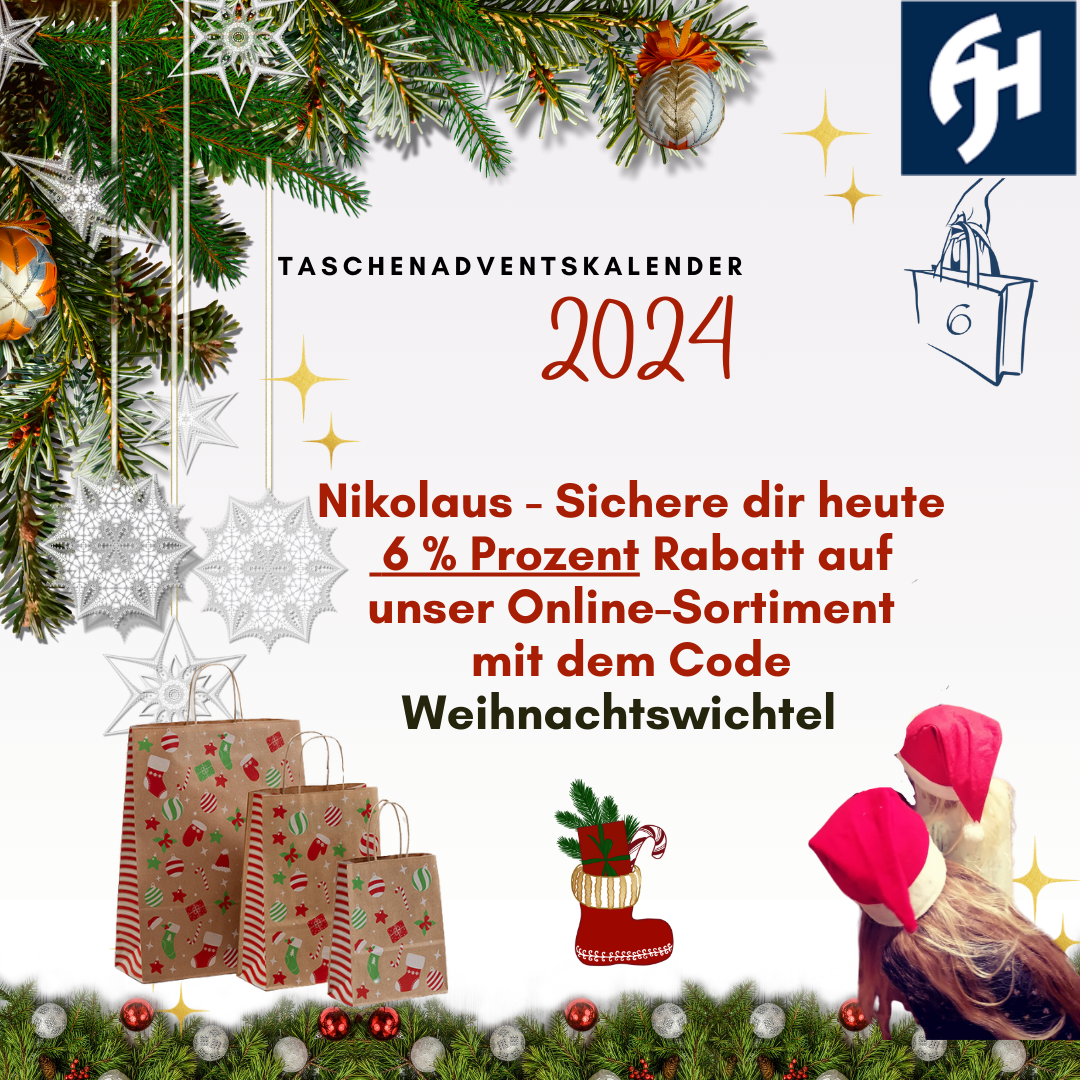 Taschenadventskalender Türchen 6 zum Nikolaus, Weihnachtswichtel mit Papiertaschen und 6 % Rabatt auf Onlineangebot