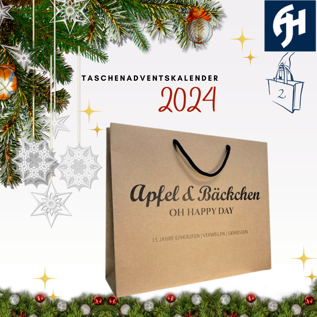 Taschenadventskalender Türchen 2 braune Papiertasche mit schwarzer Kordel und Aufdruck Apfel & Bäckchen oh happy day