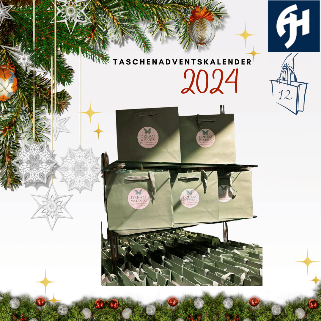 Türchen 12 im Taschenadventskalender von tausendtypentragetaschen mit grünen Papiertaschen und Aufkleber Dream Wedding das Hochzeitsevent