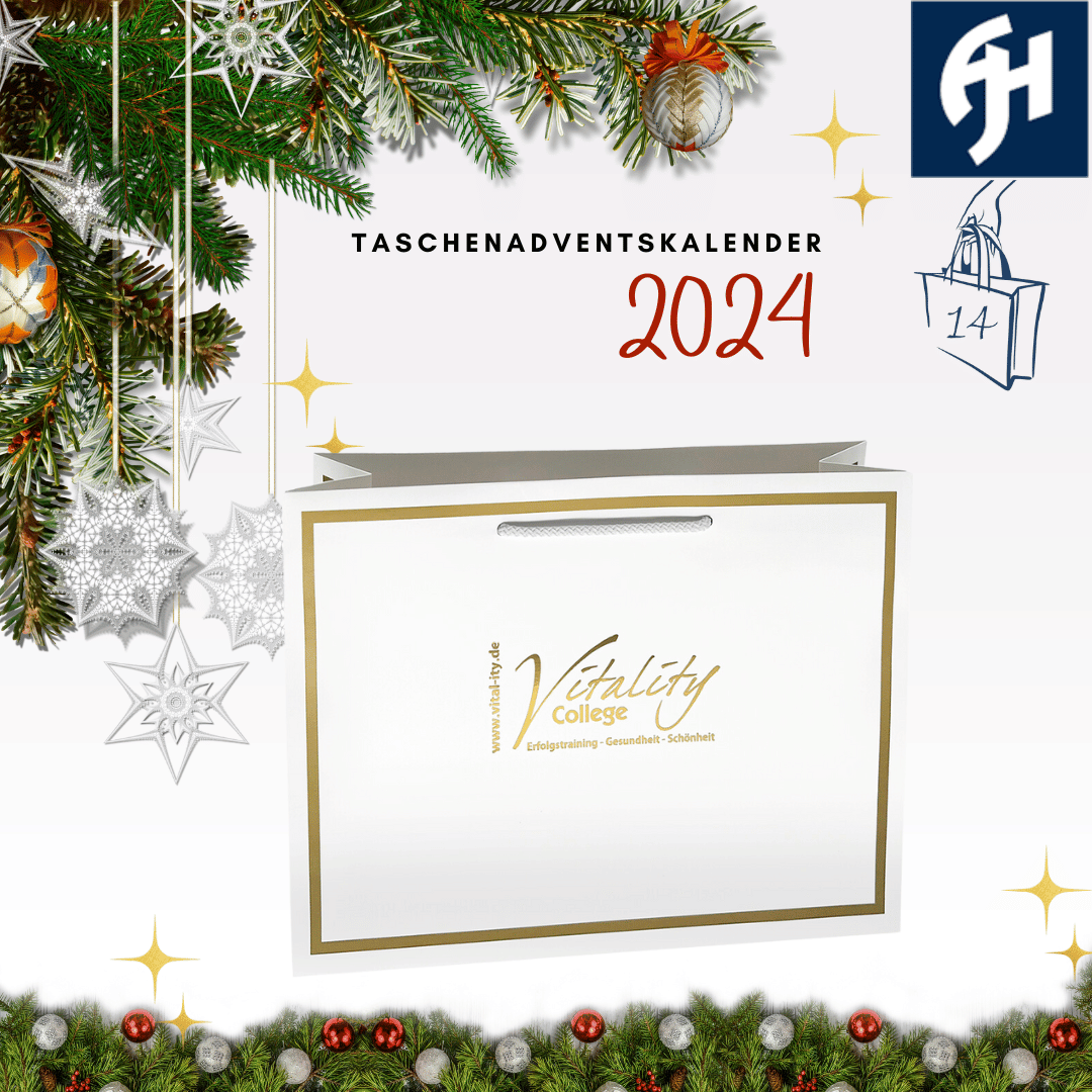weiße Tasche mit goldenem Rahmen und Aufdruckt Vitality College gold geprägt im Taschenadventskalender von Tausendtypentragetaschen am 14. Dezember 2024