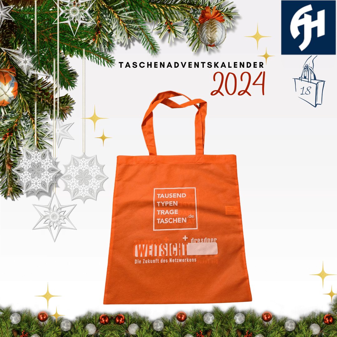 Türchen 18 im Taschenadventskalender von tausendtypentragetaschen mit einer orangen NonWoven-tasche mit langen Henkeln, Werbeaufdruck beidseitig weiß für das Netzwerkevent Dresdner Weitsicht