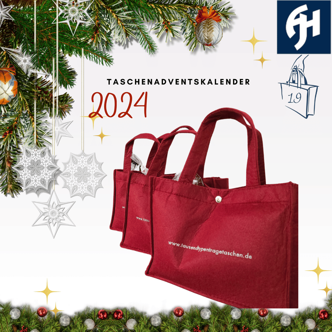 Türchen 19 im Taschenadventskalender von tausendtypentragetaschen mit roten Filztaschen und weißem Stick tausendtypentragetaschen