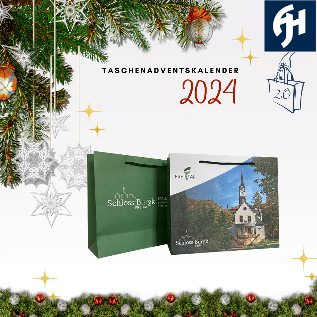 Türchen 20 im Taschenadventskalender bunt bedruckte Papier-Tragetasche vom Schloss Burgk in Freital, mit kurzen Baumwollkordeln