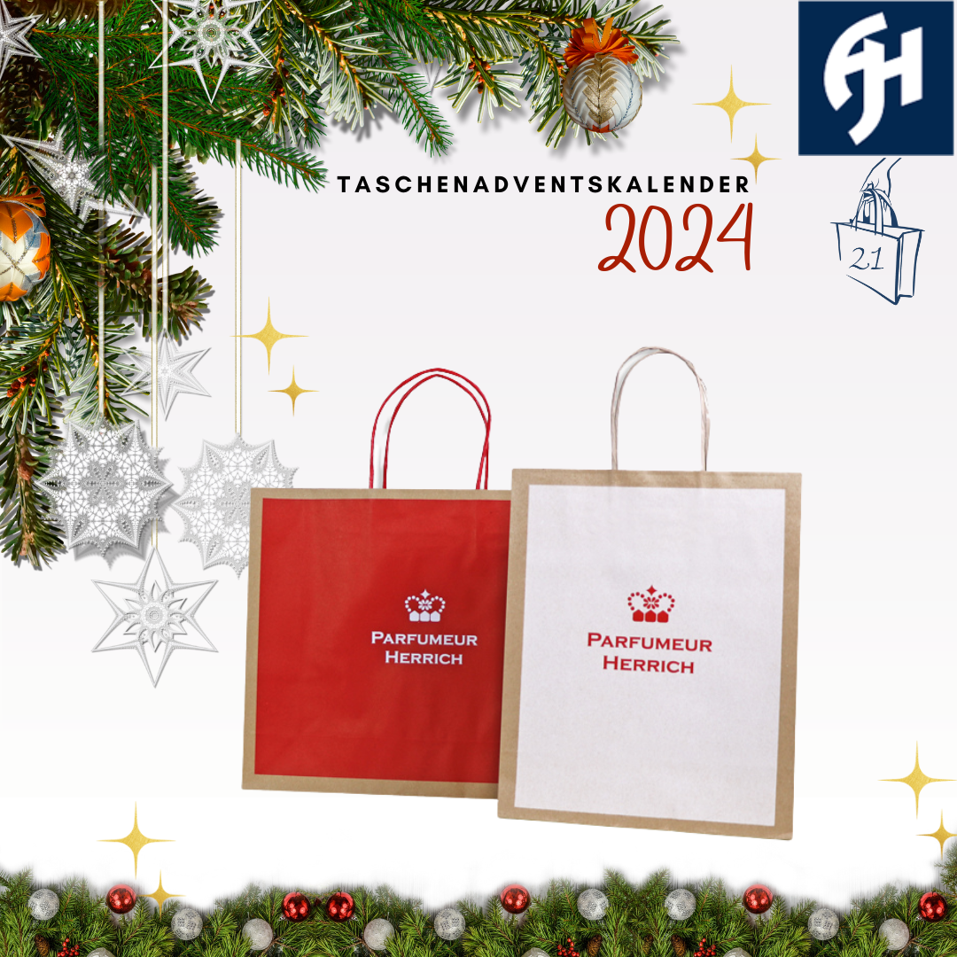 zwei braune Papiertaschen mit farbigem Fond in rot oder weiß sowie Aufdruck Parfümerie Herrich als Türchen 21 im Taschenadventskalender von tausendtypentragetaschen