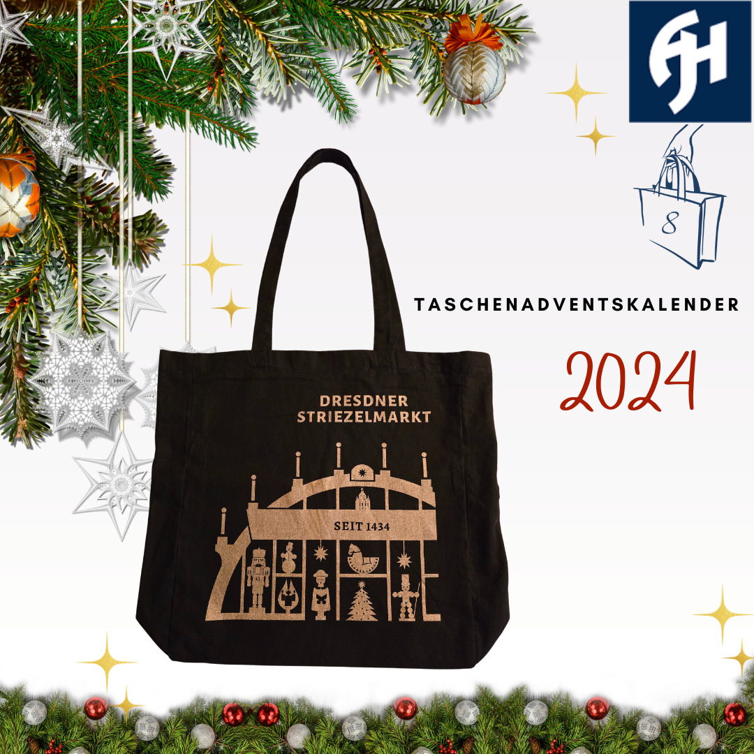 Schwarze Baumwolltasche mit goldenem Aufdruck Dresdner Striezelmarkt im Taschenadvdentskalender Türchen 8