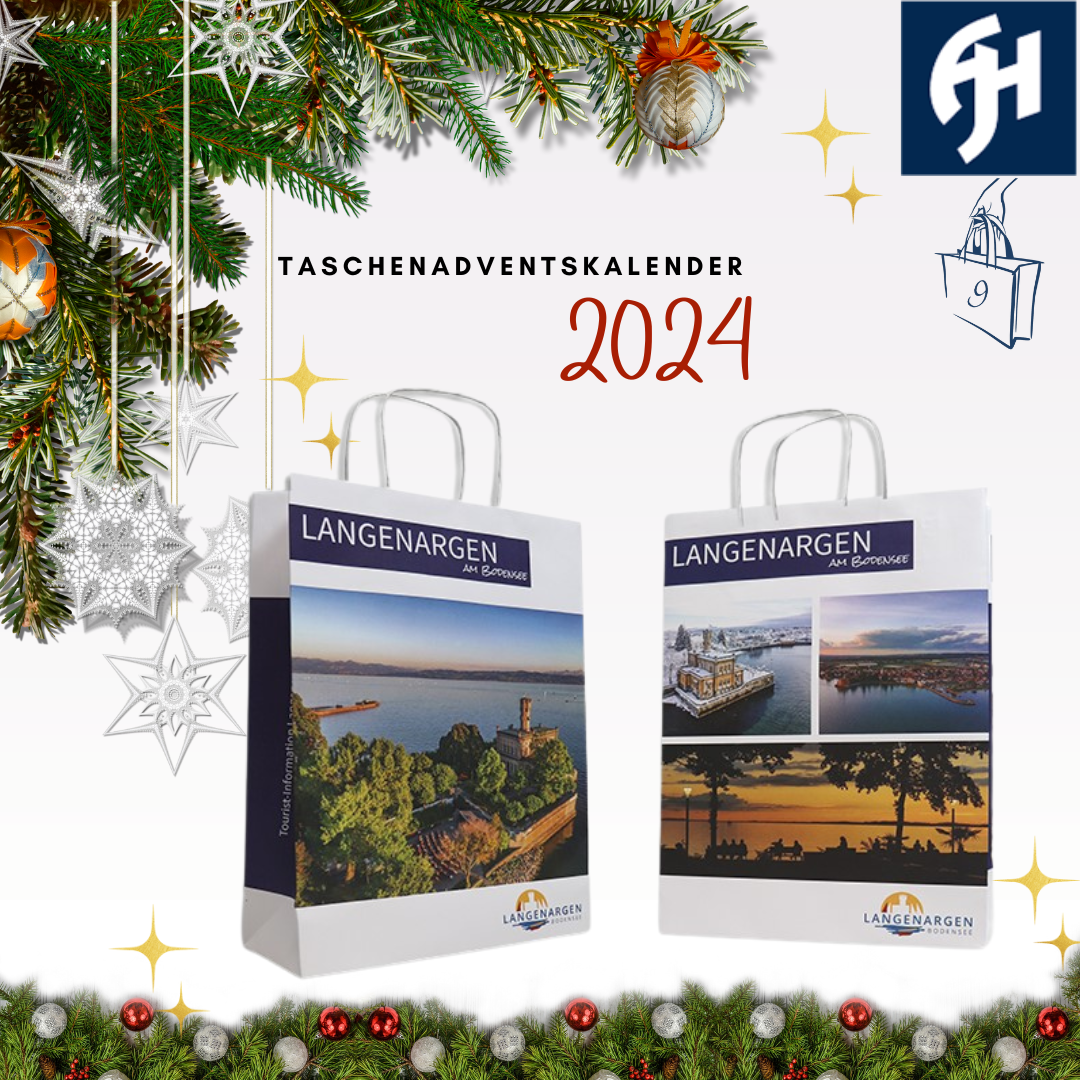 Papiertaschen mit Motiven von Langenargen, mehrfarbig mit Fotos bedruckt, eingeklebte Papierkordeln weiß, Türchen 9 im Taschenadventskalender von tausendtypentragetaschen
