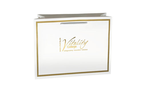 Papiertasche weiß mit goldenem Rahmen und Heißfolienprägung gold Vitality College, weiße Kordel