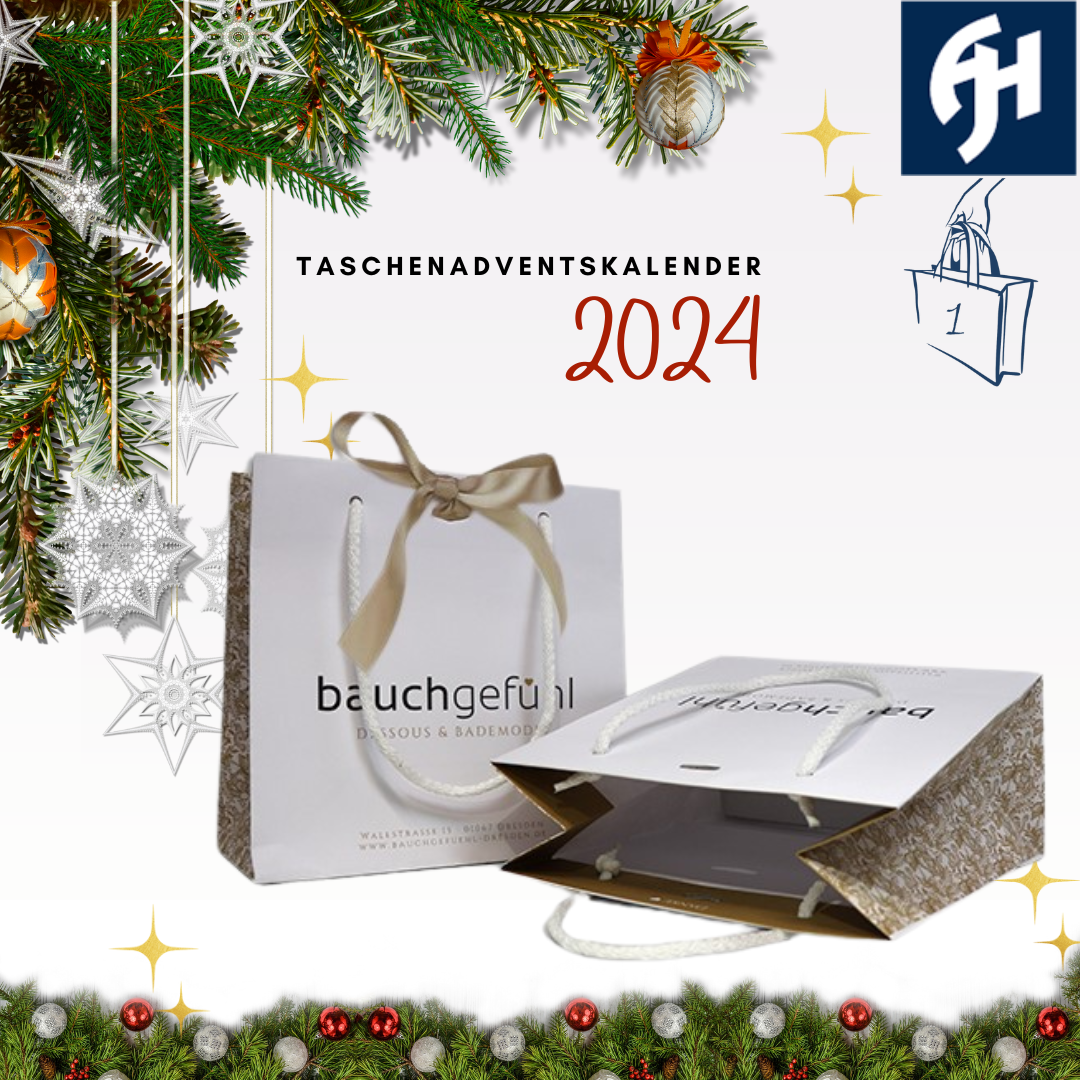 Türchen 1 vom Taschenadventskalender mit Weihnachtsranke und Papiertasche 2-farbig bedruckt Motiv Bauchgefühl