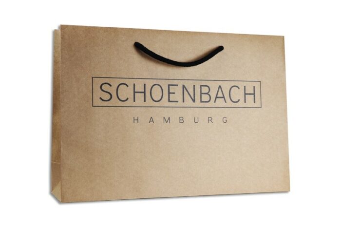 braune Luxuspapiertasche mit schwarzer Kordel und schwarzer Schrift Schönbauch Hamburg