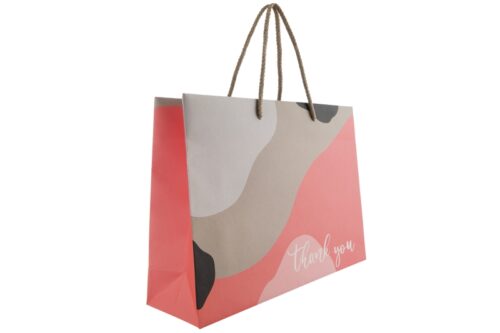 Papiertasche in beige-grau-rosefarbigem camouflage-Muster und dem Slogan Thank you, kurze Baumwollkordel