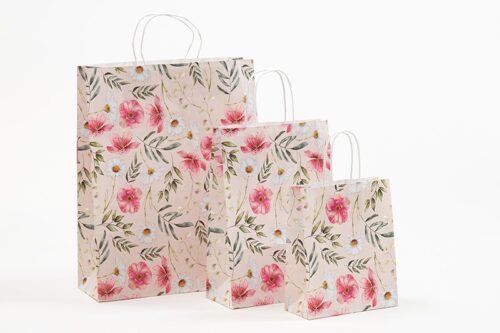 Papiertasche in 3 Größen mit floralem Aquarellmotiv, zarte Farben von rose bis grün, weiße Papierkordeln bei tausendtypentragetaschen