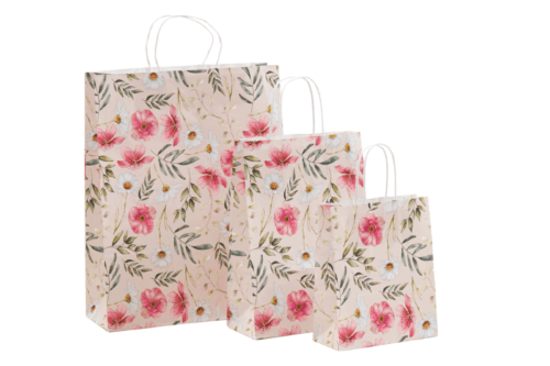 Papiertasche in 3 Größen mit floralem Aquarellmotiv, zarte Farben von rose bis grün, weiße Papierkordeln bei tausendtypentragetaschen