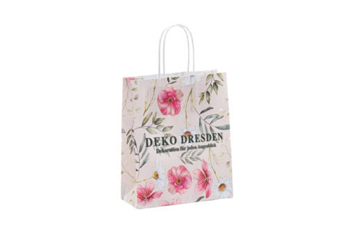Papiertasche mit filigranem Blützenzaubermotiv und Logodruck in dunkelgrün DekoDresden bei tausendtypentragetaschen