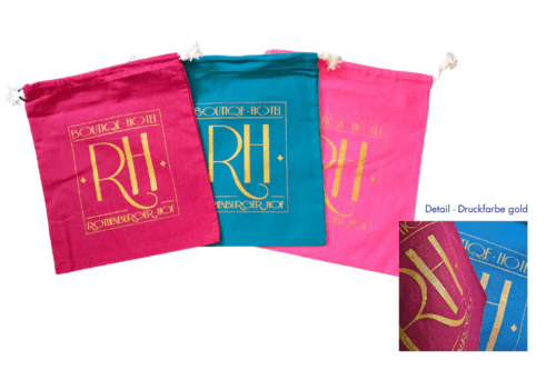 Kordelzugebeutel in 3 Farben pink, türkis und bordeaux mit goldenem Druck Rothenburger Hof