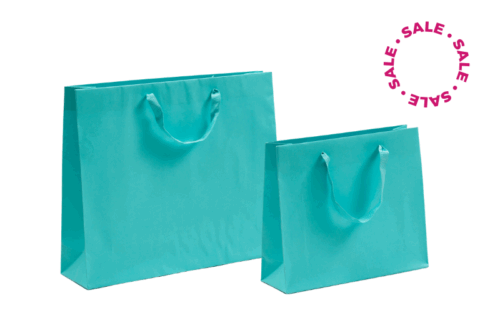 2 türkisfarbige Papiertaschen im SALE bei tausendtypentragetaschen, hochwertig mit eingeknotetem Band in Taschenfarbe, kleine und mittlere Shoppingtasche