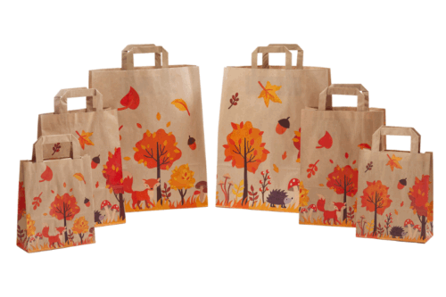 braune Flachhenkeltasche in drei Größen mit orange-braunem Herbstmotiv bedruckt, kleiner Fuchs, Igel und Blätter