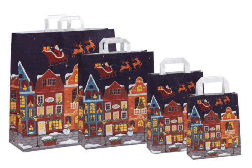 Gruppe der Papiertaschen Weihnachtshäuser, bunte Papiertaschen mit Häusern und Santa Claus am Himmel, Bild zeigt 4 Größen der Taschen