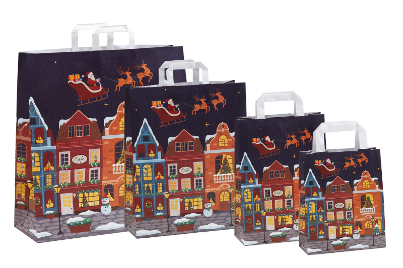 Gruppe der Papiertaschen Weihnachtshäuser, bunte Papiertaschen mit Häusern und Santa Claus am Himmel, Bild zeigt 4 Größen der Taschen