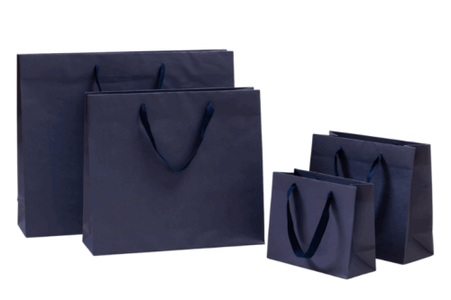 Exclusive Papiertasche in 4 Größen mit Baumwollband in dunkelblau, vollflächig dunkelblau bedruckt bei tausendtypentragetaschen