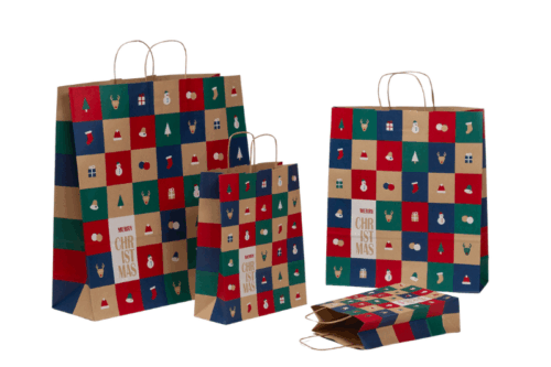 Papiertasche Weihnachten Pop mehrfarbig wie Weihnachtskalender bedruckt mit Aufschrift Merry Christmas im OnlineShop von tausendtypentragetaschen