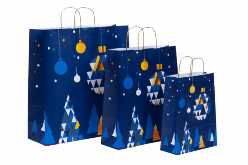 Papiertaschen Magische Weihnacht in 3 Größen mit blauem Hintergrund, blaue, goldene Weihnachtselemente im Shop von tausendtypentragetaschen