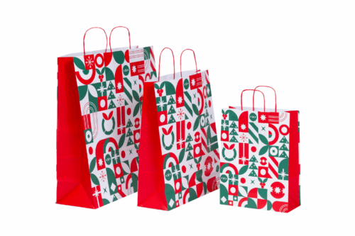 Papiertasche Weihnachten Modern 2-farbig in grün und rot mit modernen Elementen bedruckt, Seitenfalten und Papierkordeln sind rot, zu sehen sind 3 Größen.