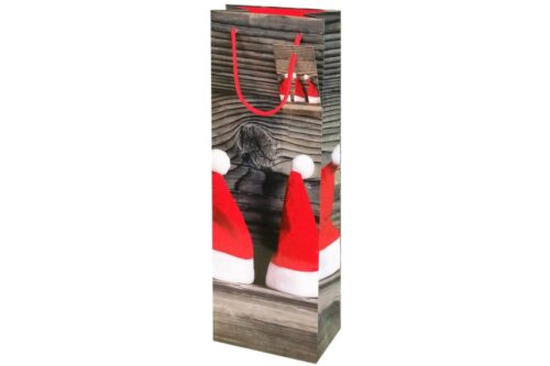 Flaschentasche Weihnachtsmützen mit glänzendem Motiv: rote Weihnachtsmützen auf dunklem Holzhintergrund, an den roten Kordeln ist ein Anhängeetikett im gleichen Look befestigt. Jetzt bei Tausendtypentragetaschen.de