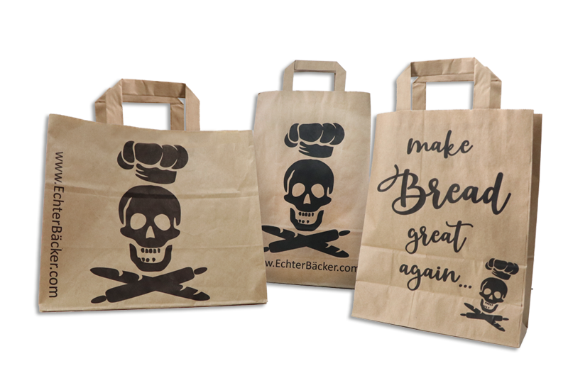 drei verschiedene Papiertaschen für Bäckerei Gnauck aus braunem Kraftpapier mit schwarzem Logo-Druck
