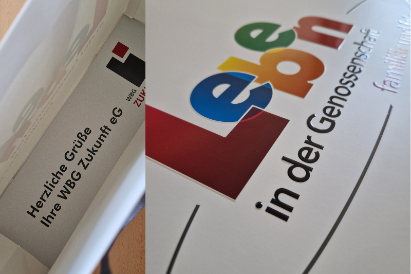 Ausschnitte von bedrucktren Tragetaschen für die Wohnungsgenossenschaft Zukunft Leben eG, Detailaufnahmen von bunten Logo mit Reliefprägung und UV-Spotlack sowie dem bedruckten Kartonboden
