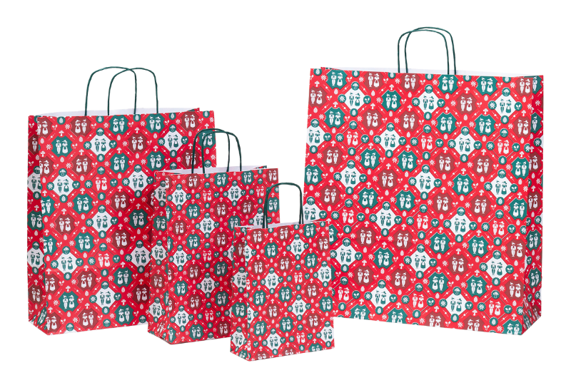 TRACHTEN Tragetasche, 4 Formate, Druck in Rot, Grün und Bordeaux, kleine Trachtenfiguren, Kraftpapier, Griffkordeln, nachhaltige Geschenkverpackung