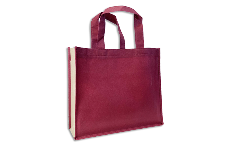 NonWoventaschen mit kurzen Henkeln, 35x30 cm mit 10 cm Bodenfalte, Fronten und Henkel bordeaux, Seiten- und Bodenfalge beige bei tausendtypentragetaschen