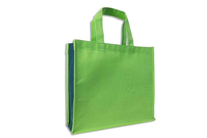 NonWoventaschen mit kurzen Henkeln, 35x30 cm mit 10 cm Bodenfalte, Fronten und Henkel lemon, Seiten- und Bodenfalge dunkelgrün bei tausendtypentragetaschen