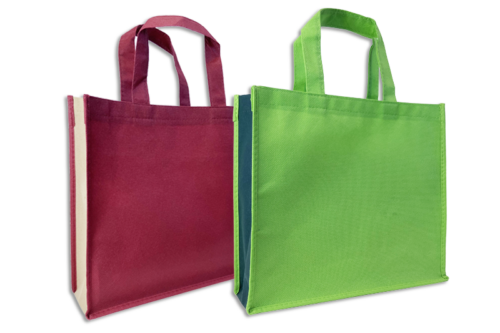 Zwei NonWoventaschen mit kurzen Henkeln, 35x30 cm mit 10 cm Bodenfalte, Farbkombination bordeaux und beige sowie lemon und dunkelgrün bei tausendtypentragetaschen