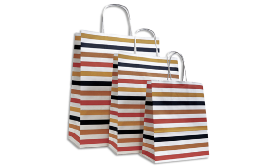Papiertaschen in 3 Größen, jeweils farbig gestreift in ocker, marine und orange im Shop von Tausendtypentragetaschen, die Griffe sind weiße Papierkordeln