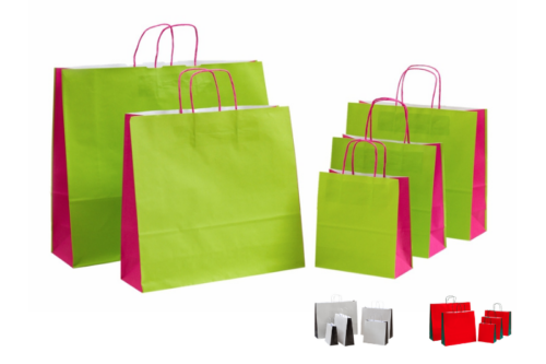 Gruppenbild der Papiertasche DUO, 5 Größen Papiertaschen in 3 Farbkombinationen grün-magenta, rot-grün, grau-schwarz im Shop von tausendtypentragetaschen