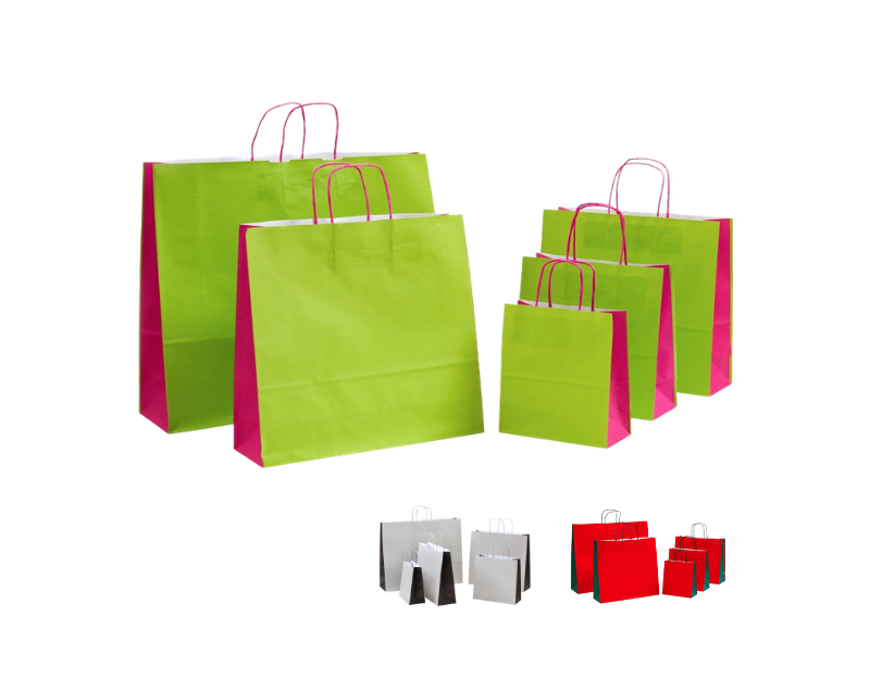 Papiertaschen Duo in 3 Farbvarianten rot-grün, grün-pink und grau-schwarz, 5 Formate bei tausendtypentragetaschen