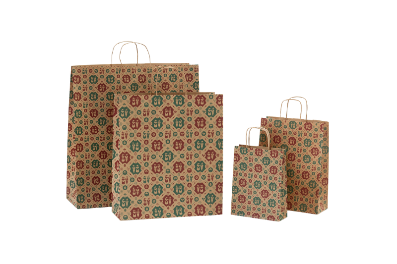 Papiertragetaschen TRACHTEN braun, Papierkordel braun, 4 Formate, Druck in Rot und Grün auf braunem Kraftpapier kleine Trachtenfiguren, Geschenkverpackung, Einkaufstüte im Onlineshop von tausendtypentragetaschen.de