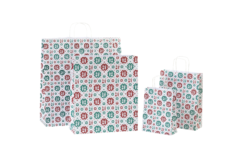 Papiertragetaschen TRACHTEN weiß, Papierkordel weiß, 4 Formate, Druck in Rot und Grün auf weißem Kraftpapier kleine Trachtenfiguren, Geschenkverpackung, Einkaufstüte im Onlineshop von tausendtypentragetaschen.de