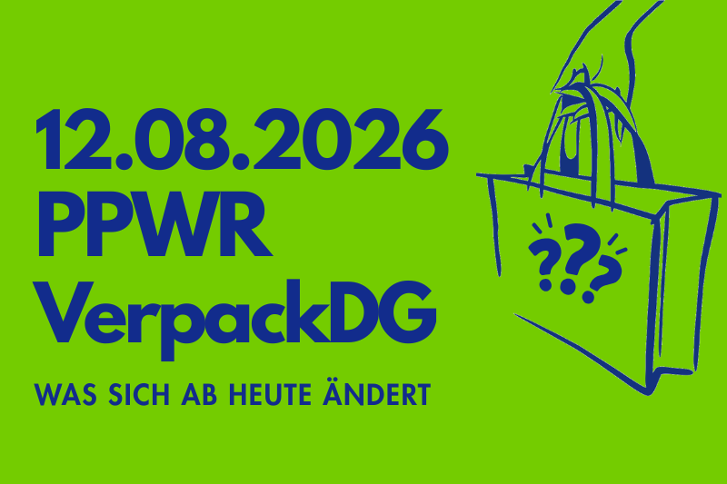 grün-blaues Bild mit Text für den Blogbeitrag zur neu geltenden PPWR und dem Verpackungsdurchführungsgesetz auf der Seite tausendtypentragetaschen