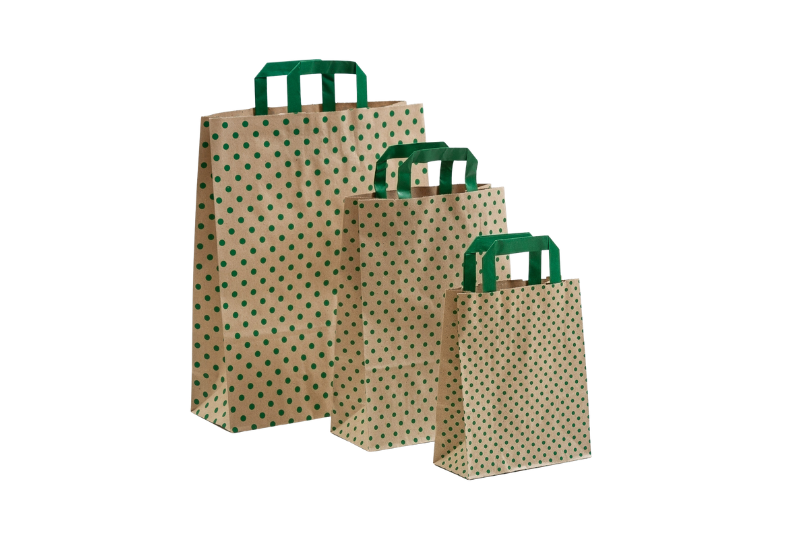 Papiertaschen PUNKTUM Graspapier gepunktete Taschen in 3 Größen, Farbe beige-braun mit grünen Punkten, grüne Papierflachhenkel bei tausendtypentragetaschen.de im Shop